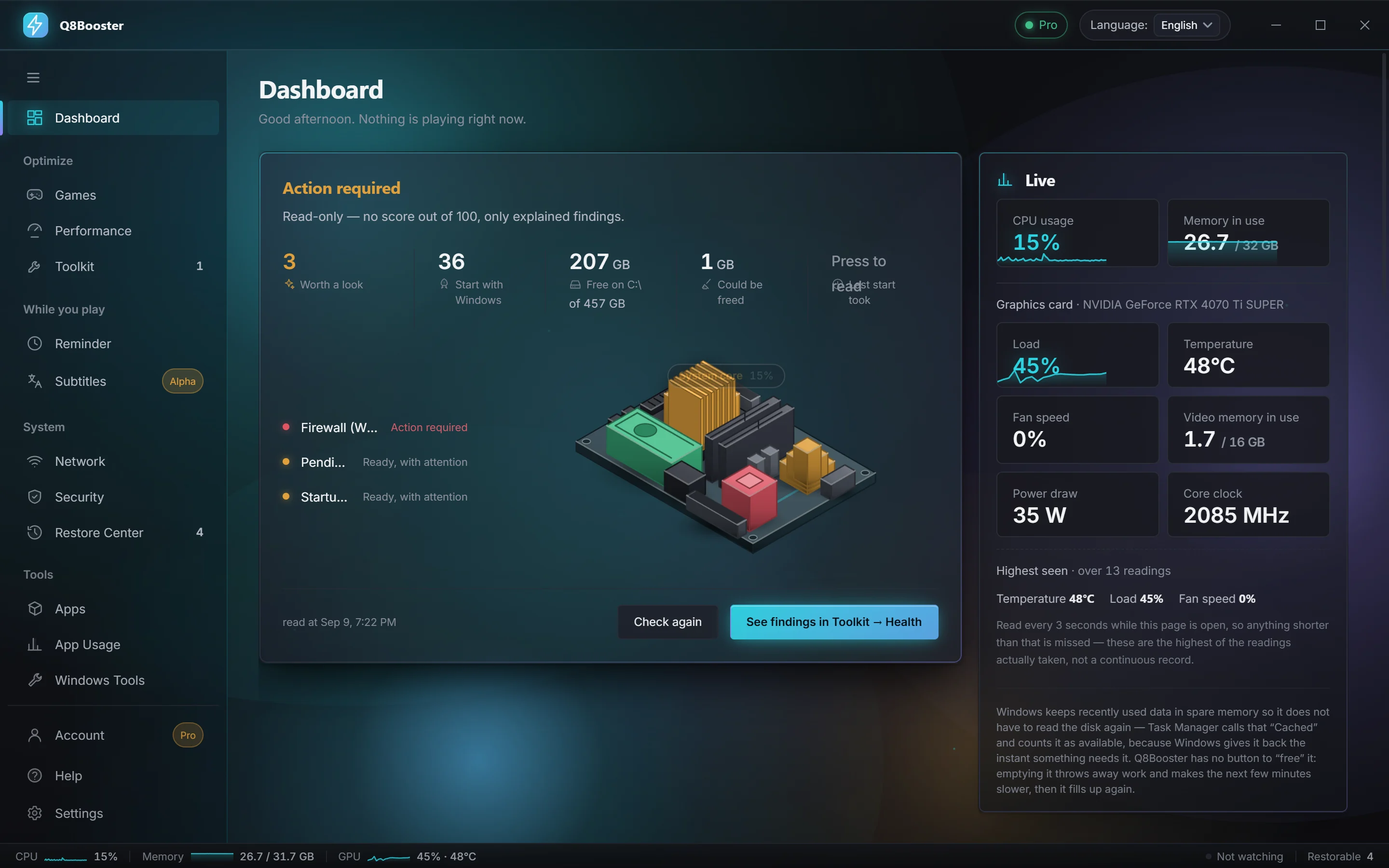The Q8Booster Dashboard: findings from the health check, a live model of the PC and live CPU, memory and graphics card readings