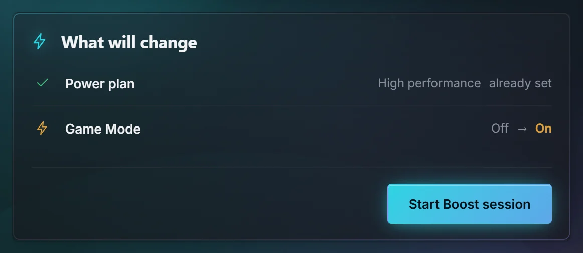 The Safe Boost preview listing each setting it will change, with its current and new value