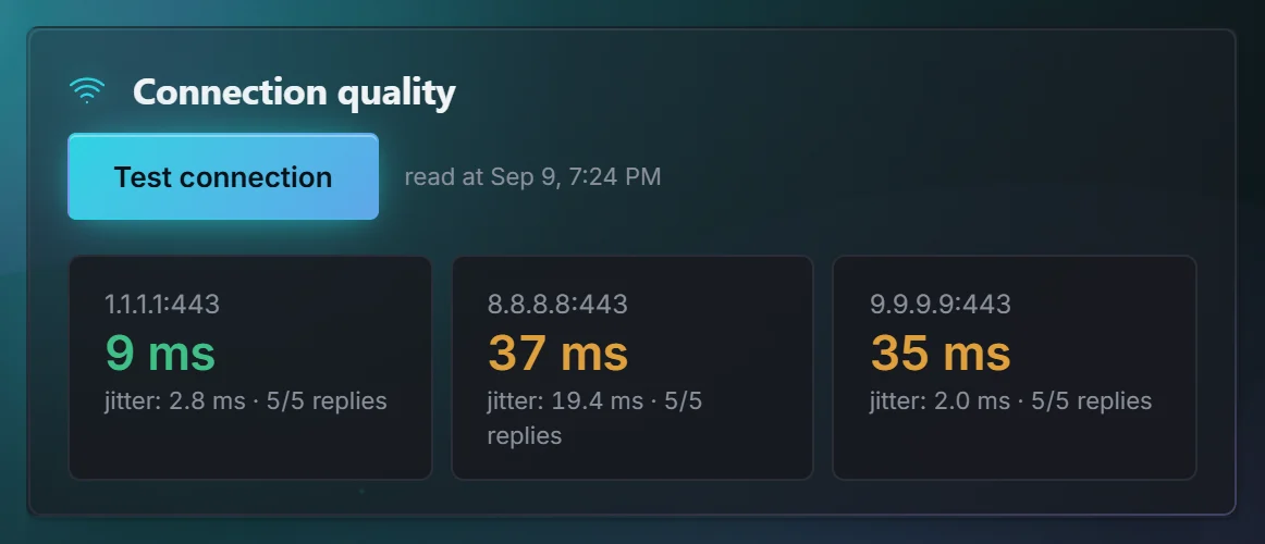 Connection quality measured to three public servers, with latency, jitter and replies