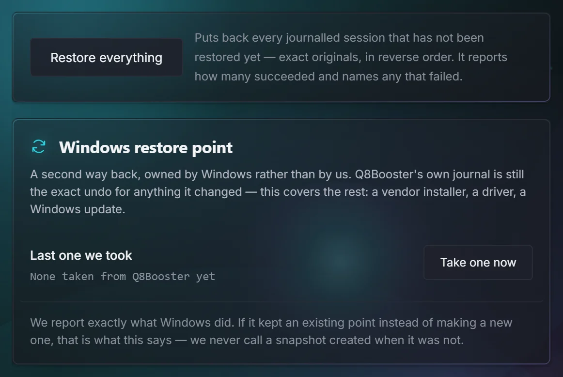 Restore Center with Restore everything and Windows restore points