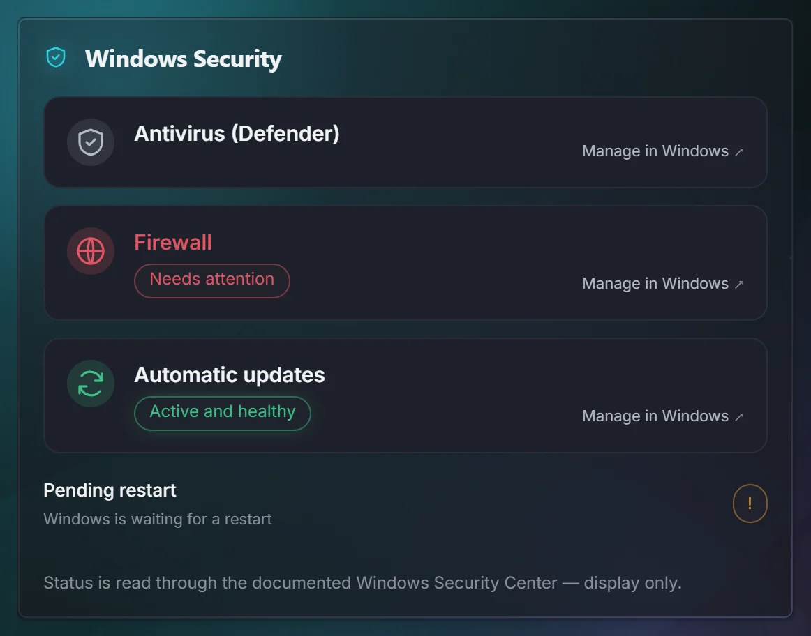 Windows Security status for the antivirus, firewall and automatic updates