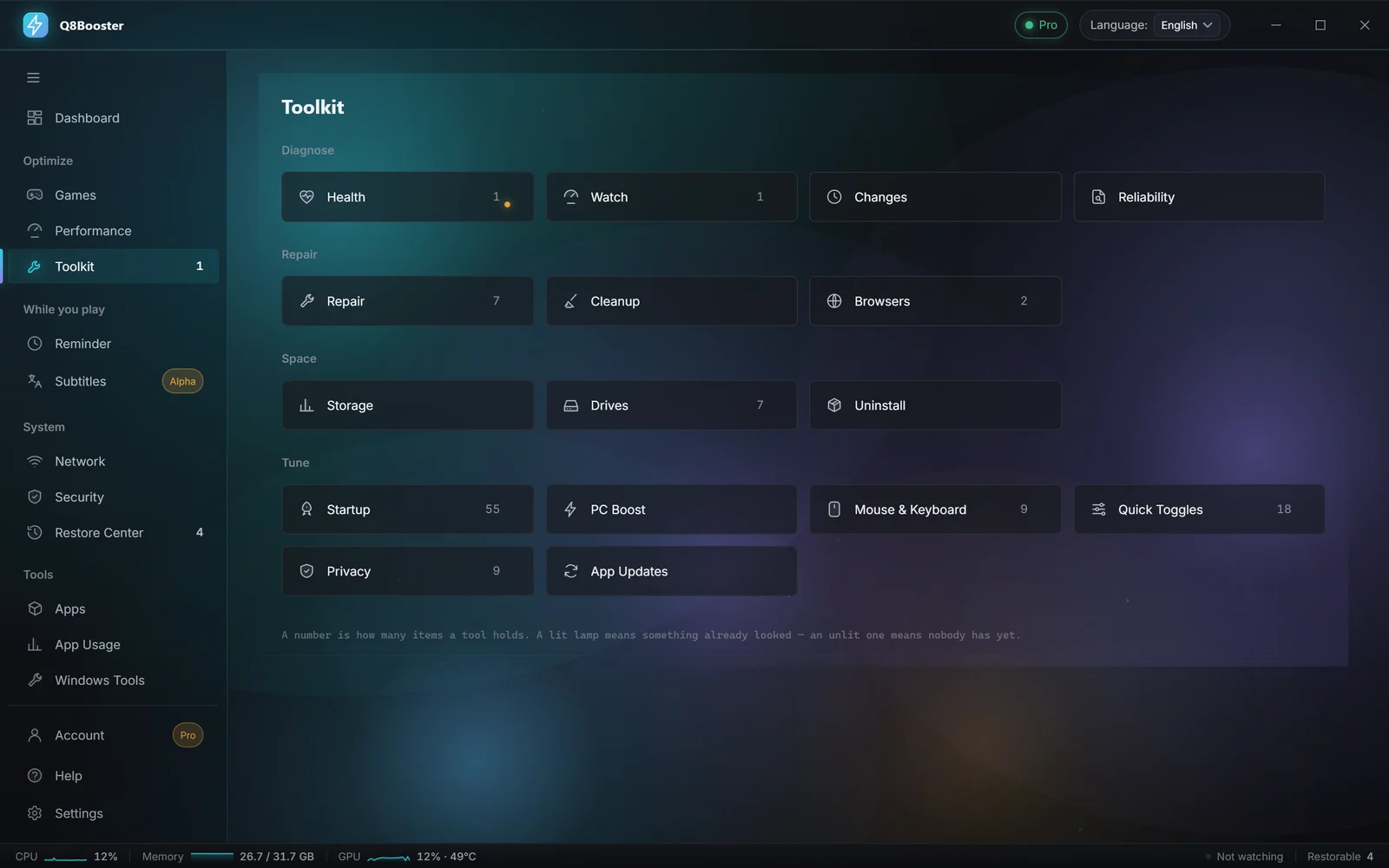 The Windows Toolkit with its sixteen sections, from Health and Repair to Quick Toggles
